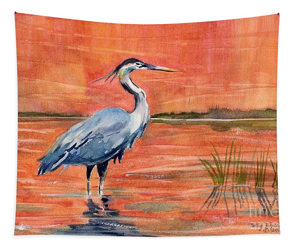 Great Blue Heron Tapestry featuring the painting Great Blue Heron in Marsh by Melly Terpening