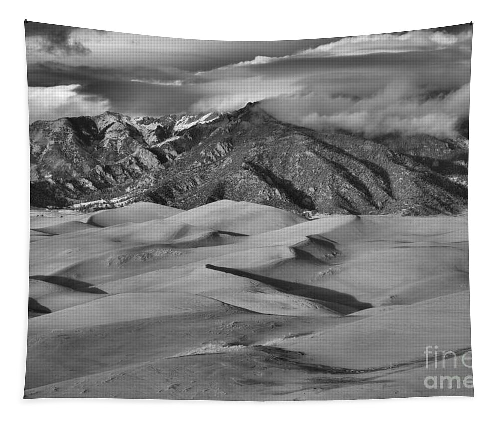 Colorado Tapestry featuring the photograph Great Dunes And Shadows Below The Mountain Peaks Black And White by Adam Jewell
