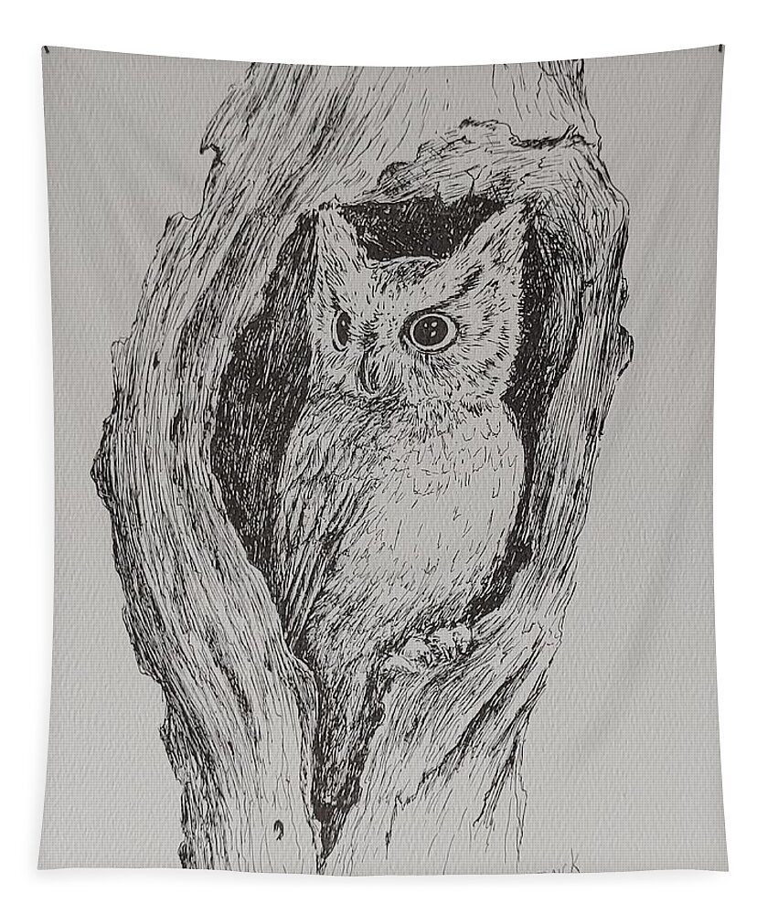 Owl Tapestry featuring the drawing Great Horned Owl by ML McCormick