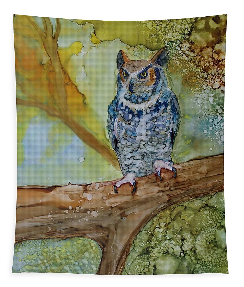 Owl Tapestry featuring the painting Great Horned Owl by Ruth Kamenev