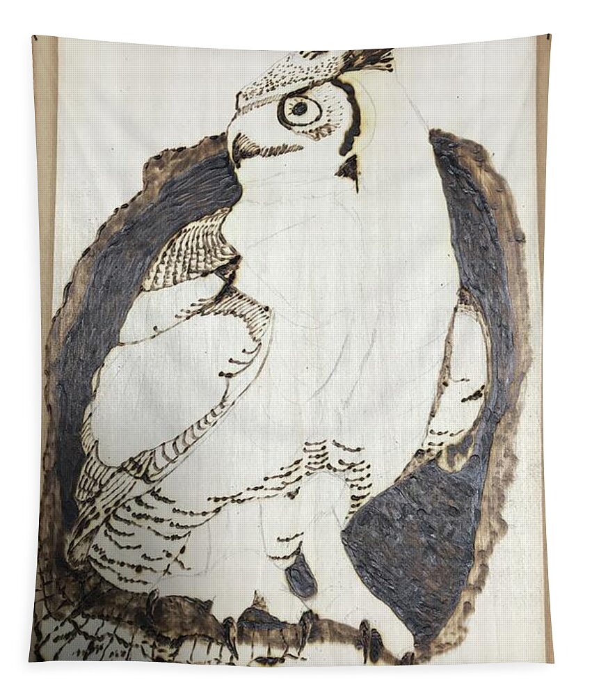 Pyrography Tapestry featuring the pyrography Pre-Great Horned Owl by Terry Frederick