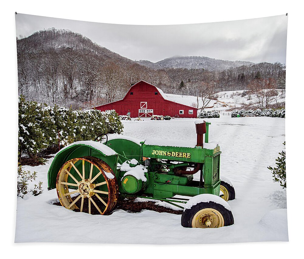 Landscape Tapestry featuring the photograph Great Smoky Mountains North Carolina A Tractor And A Barn by Robert Stephens