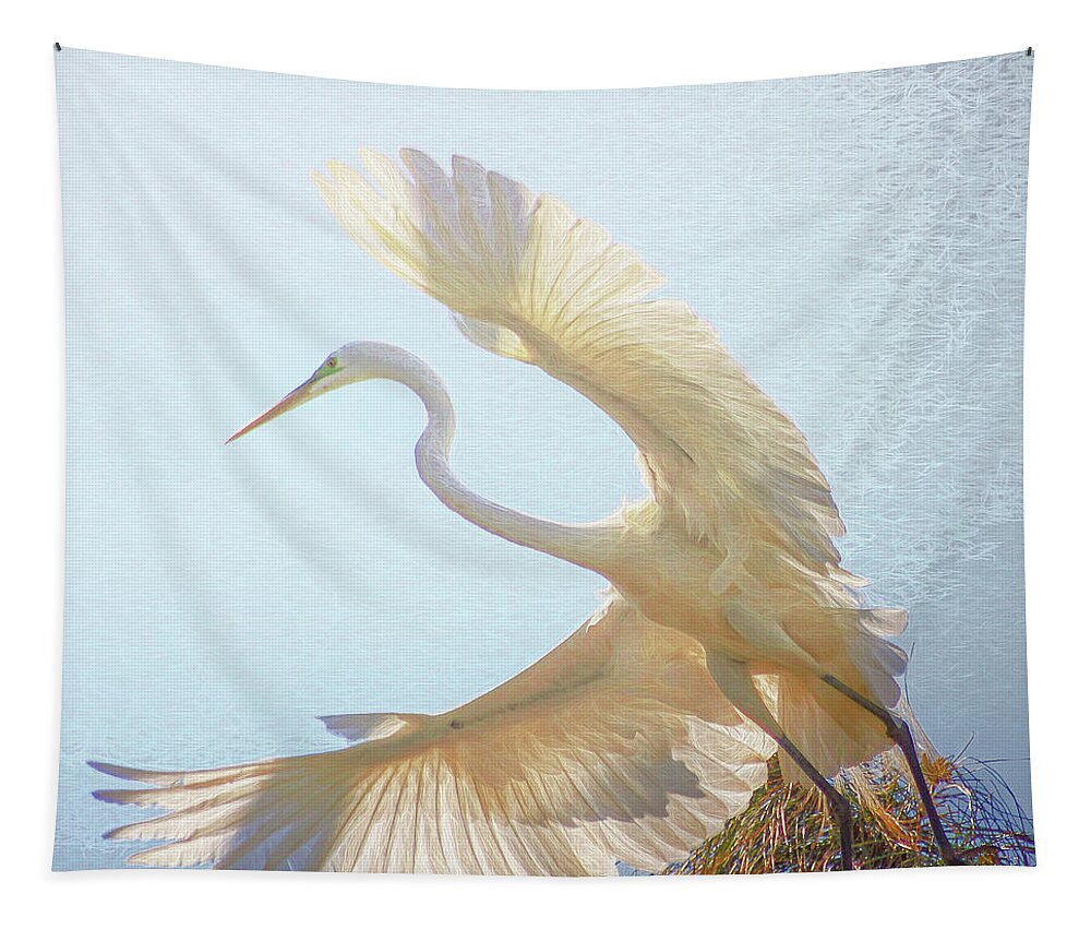 Egret Tapestry featuring the photograph Great White Egret Takes to Flight by Ola Allen
