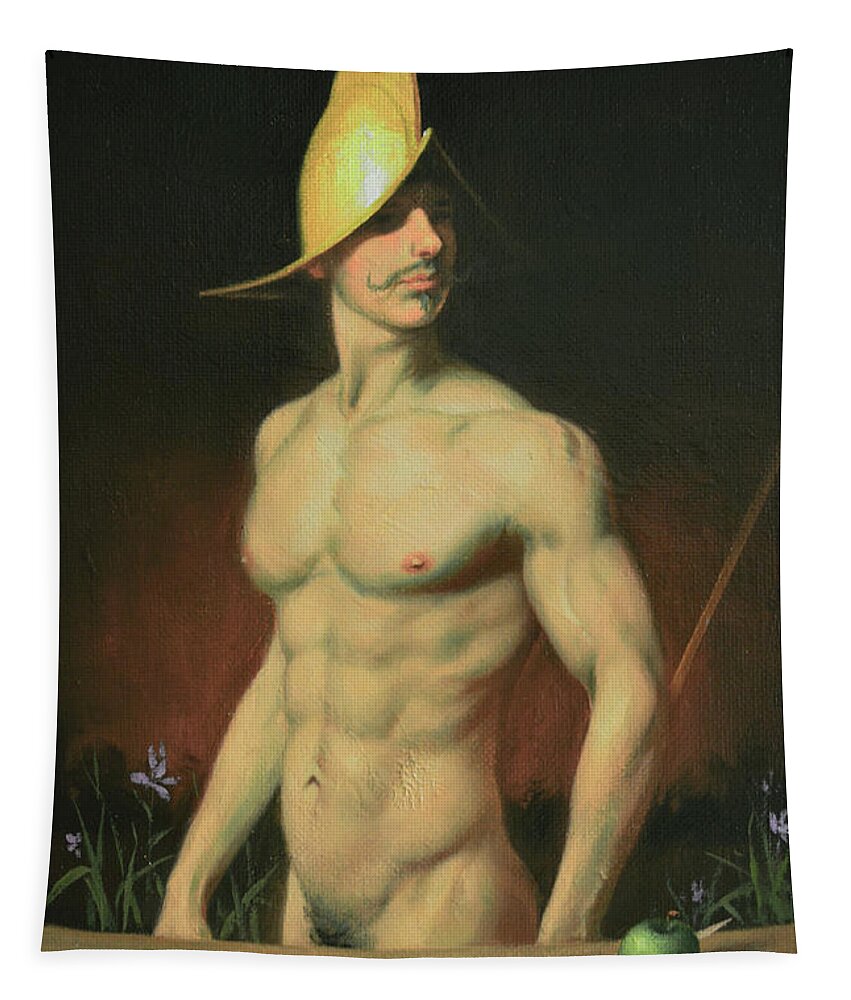 Male Nude Tapestry featuring the painting Green apple and Sabre by Hongtao Huang