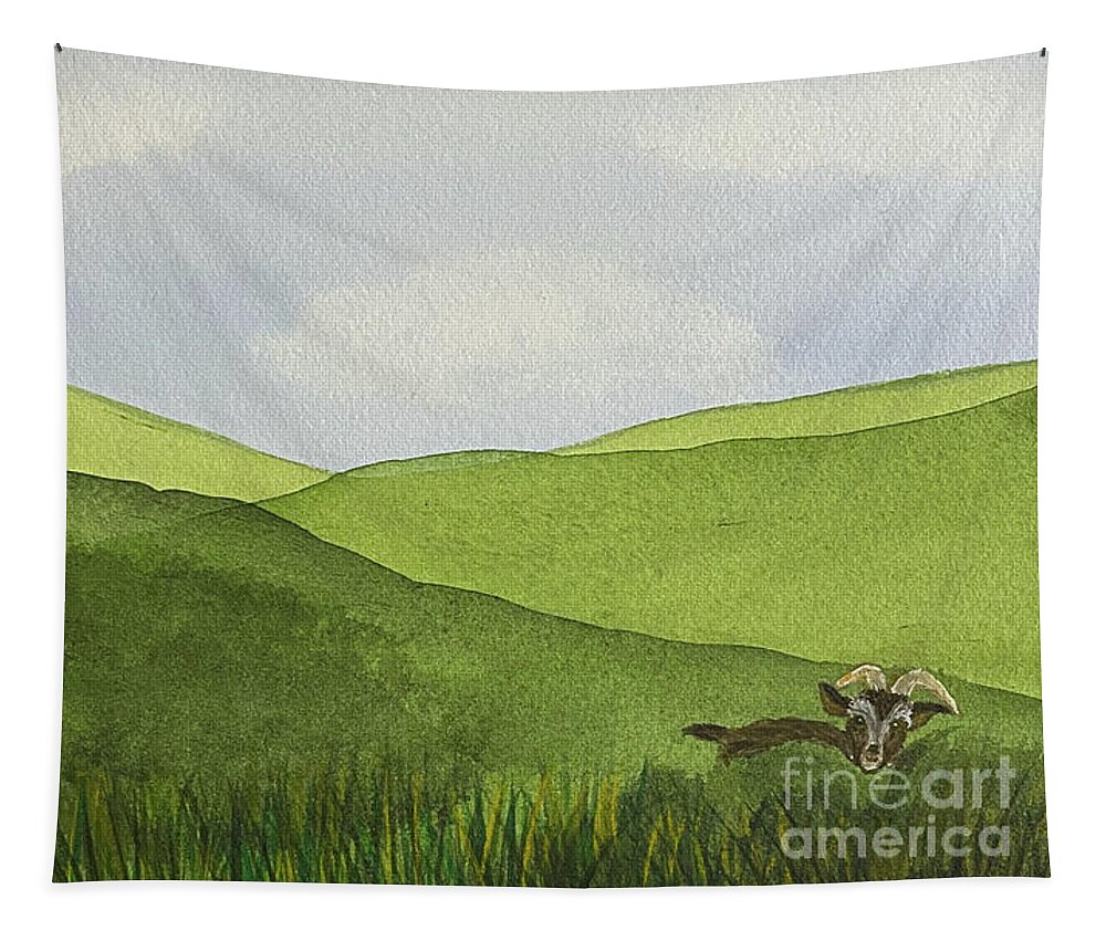 Green Hills Tapestry featuring the painting Green Hills and a Goat by Lisa Neuman