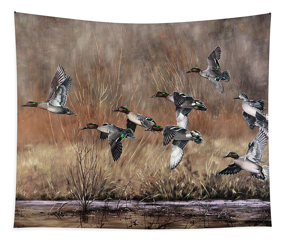 Duck Tapestry featuring the painting Green-Winged Getaway by Glenn Pollard