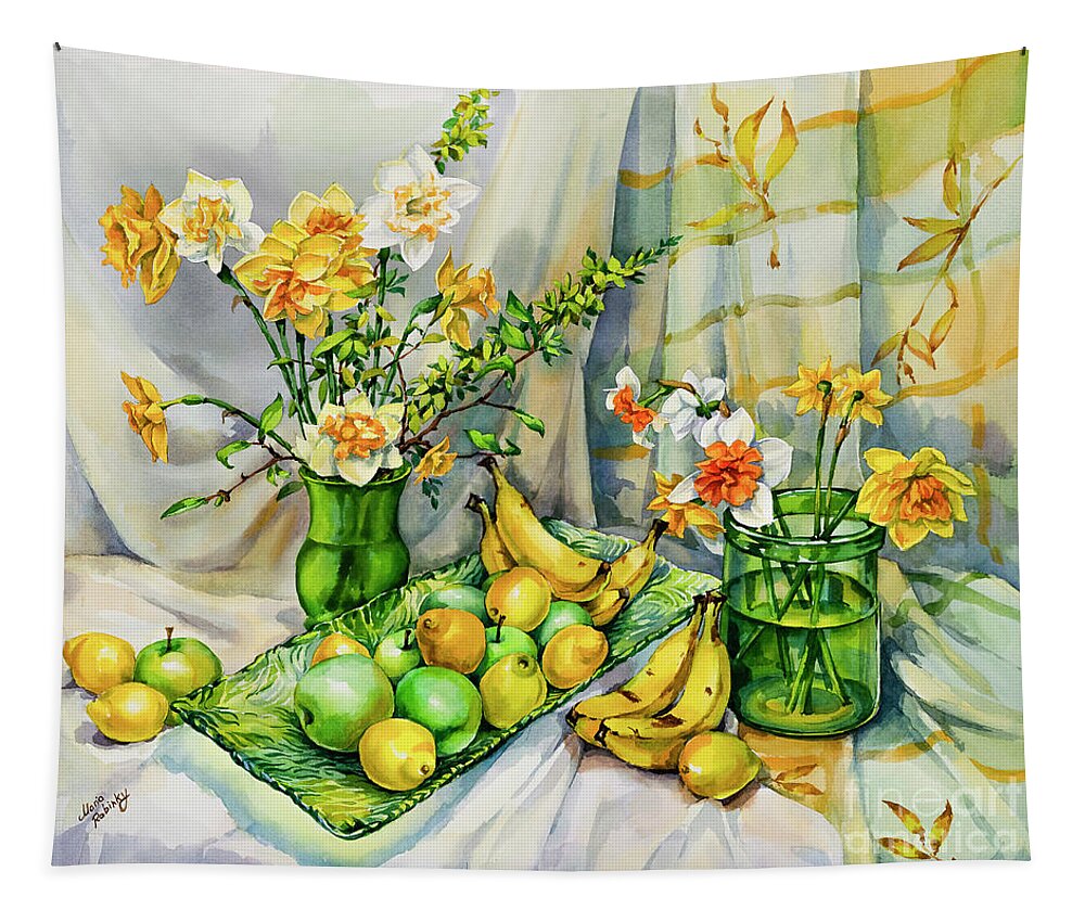 Green Tapestry featuring the painting Green Yellow Still Life with Daffodils by Maria Rabinky