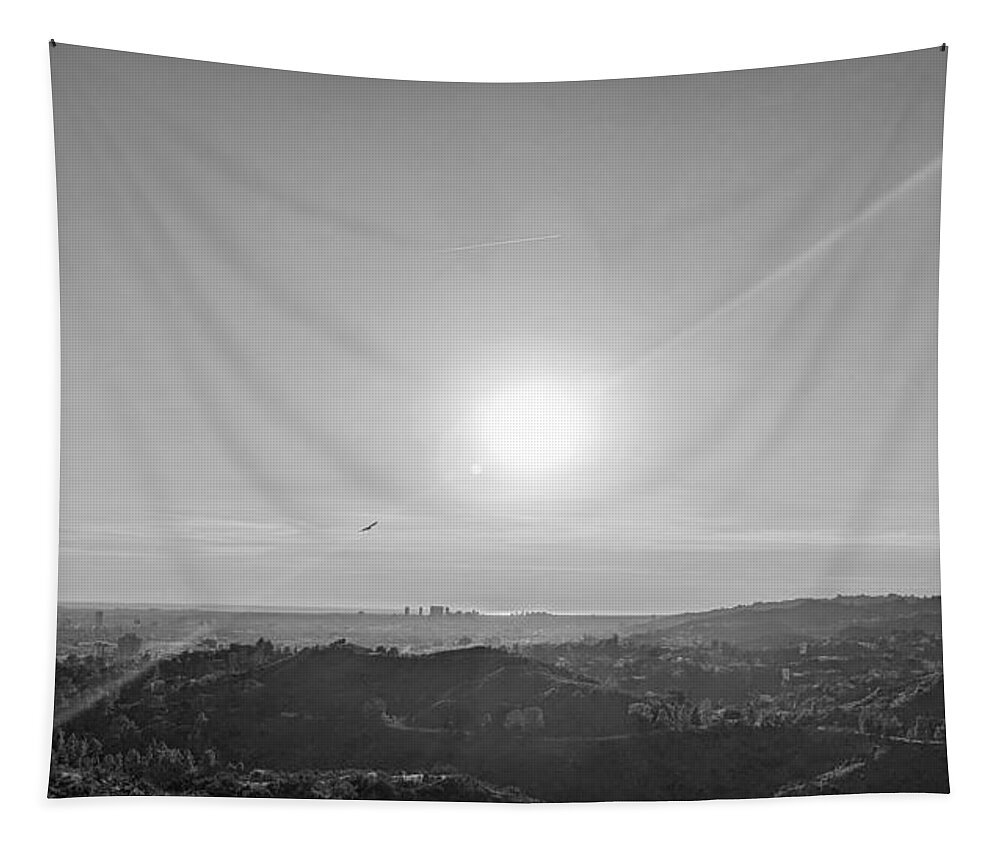 Griffith Observatory Tapestry featuring the photograph Griffith Park Facing West with Hawk and Ocean View by Jera Sky