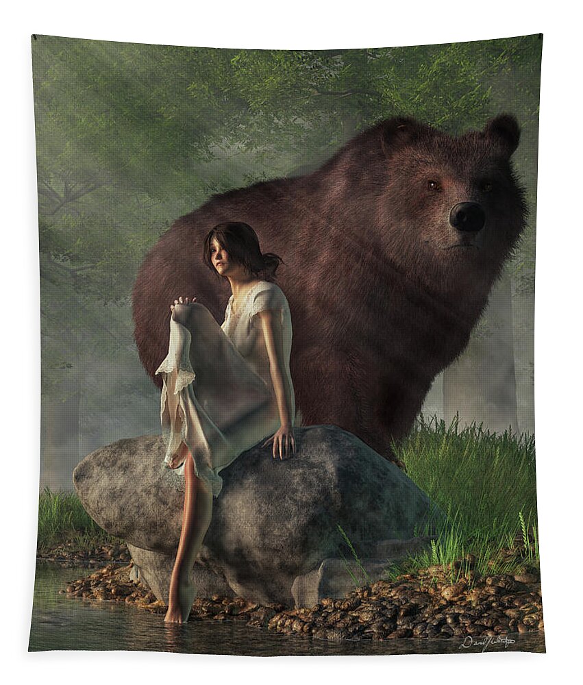 Grizzly Bear Tapestry featuring the digital art Grizzly Bear and Girl in a Nightgown by Daniel Eskridge