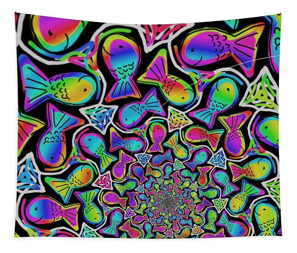 Fish Tapestry featuring the digital art Groovy Fish Spiral by Eileen Backman