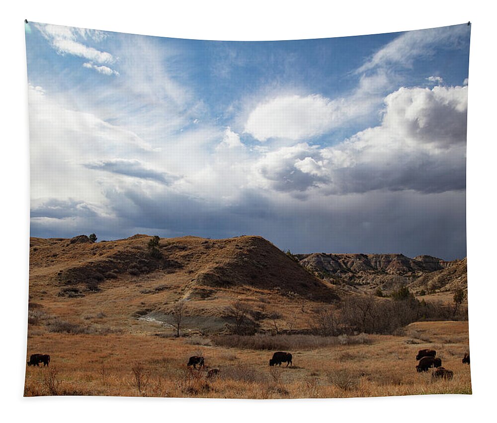Buffalo Tapestry featuring the photograph Group of buffalo at Theodore Roosevelt National Park in North Dakota by Eldon McGraw