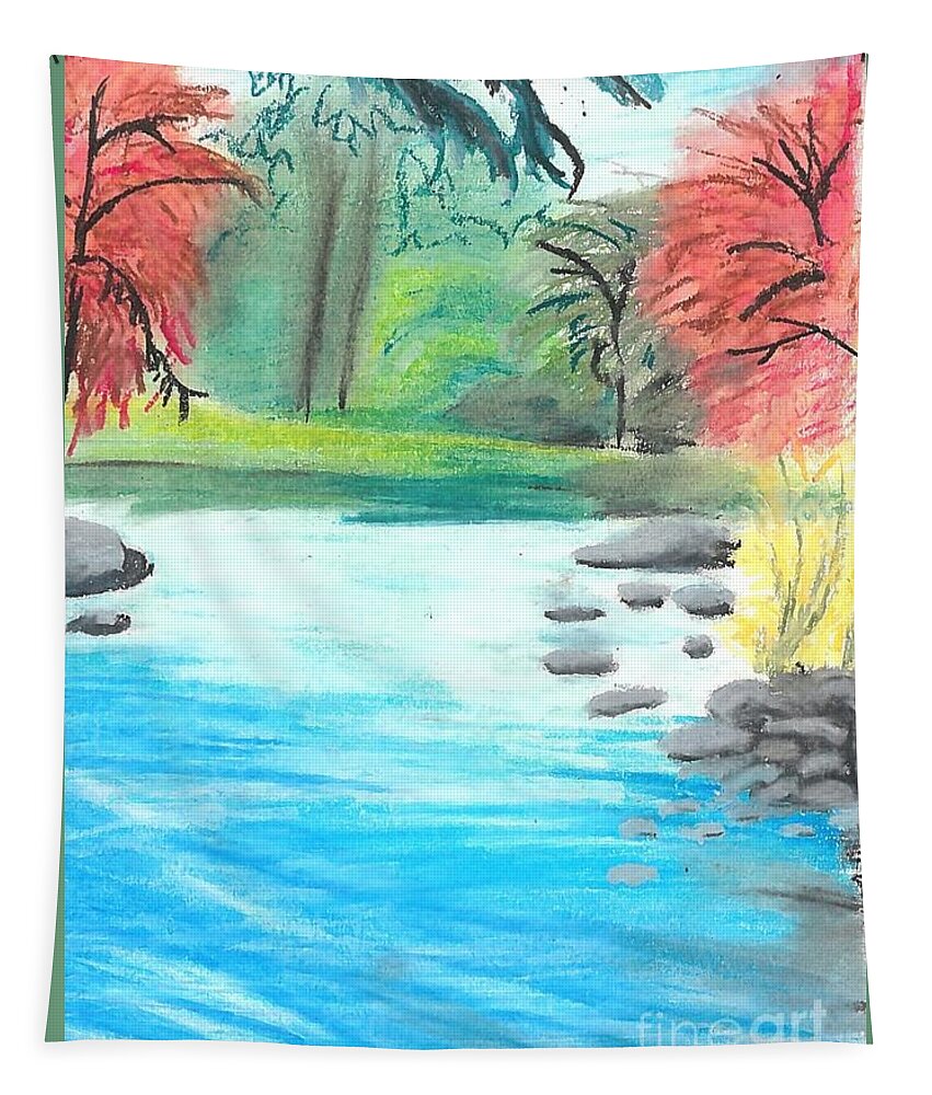 Oil Pastel River Drawing Tapestry featuring the drawing Gruene River Oil Pastel by Expressions By Stephanie