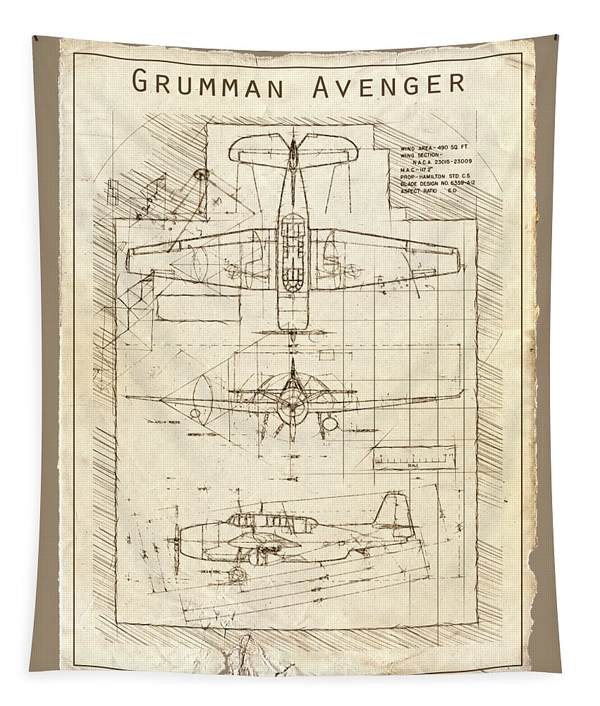 Vintage Drawings Tapestry featuring the digital art Grumman Avenger Vintage Drawing by Franchi Torres
