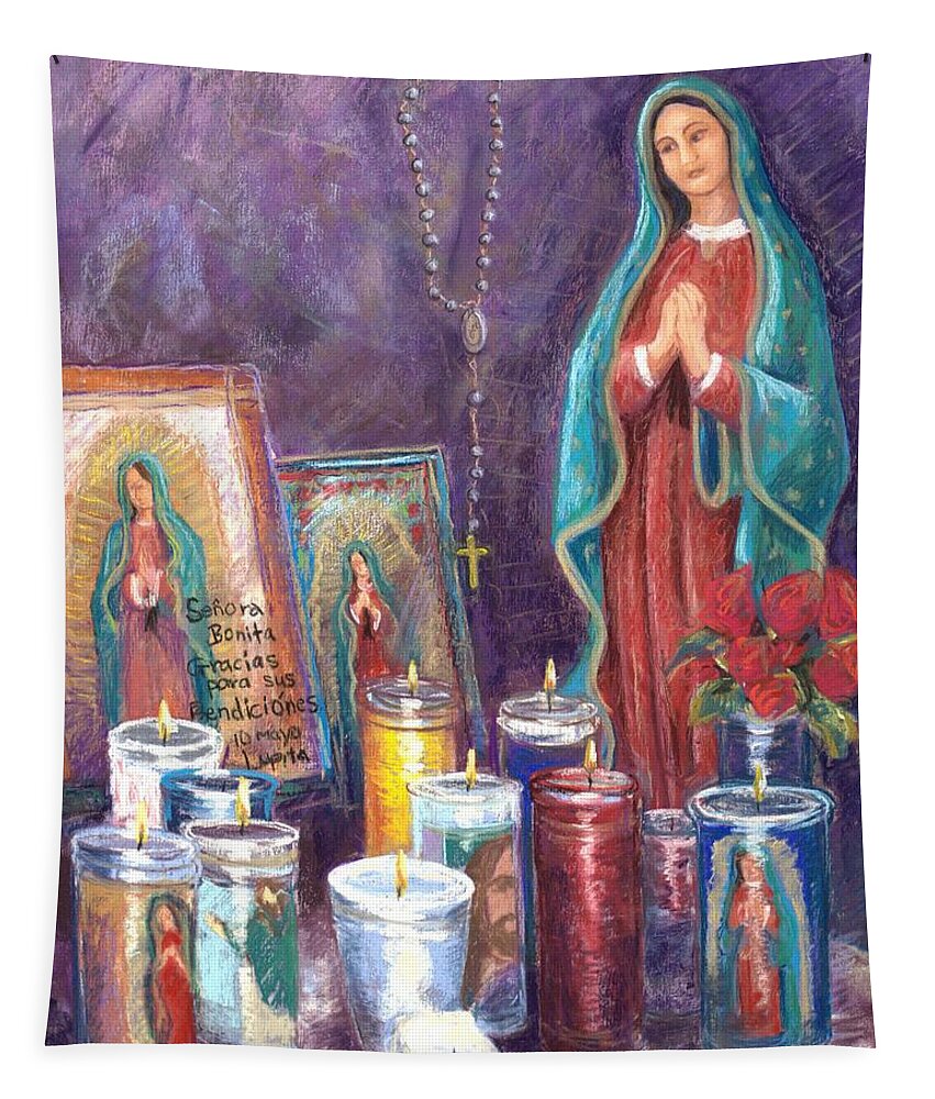 Guadalupe Tapestry featuring the pastel Guadalupe y Las Velas candles by Candy Mayer