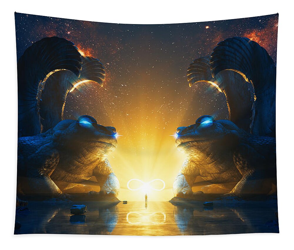 Visionary Tapestry featuring the digital art Guardians of the Infinite by Filip Zaruba