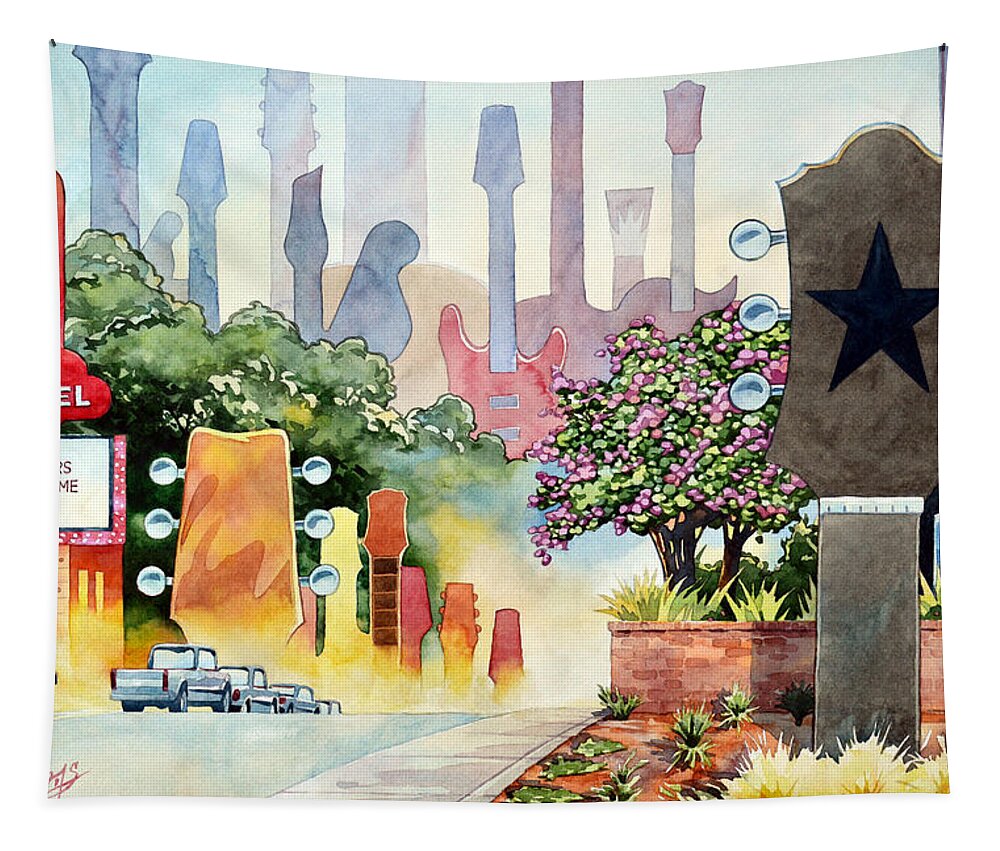 Watercolor Tapestry featuring the painting Guitar Town by Mick Williams