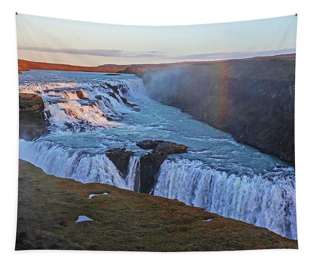 Gullfoss Tapestry featuring the photograph Gullfoss Waterfall Rainbow Thingvellir National Park Iceland by Toby McGuire