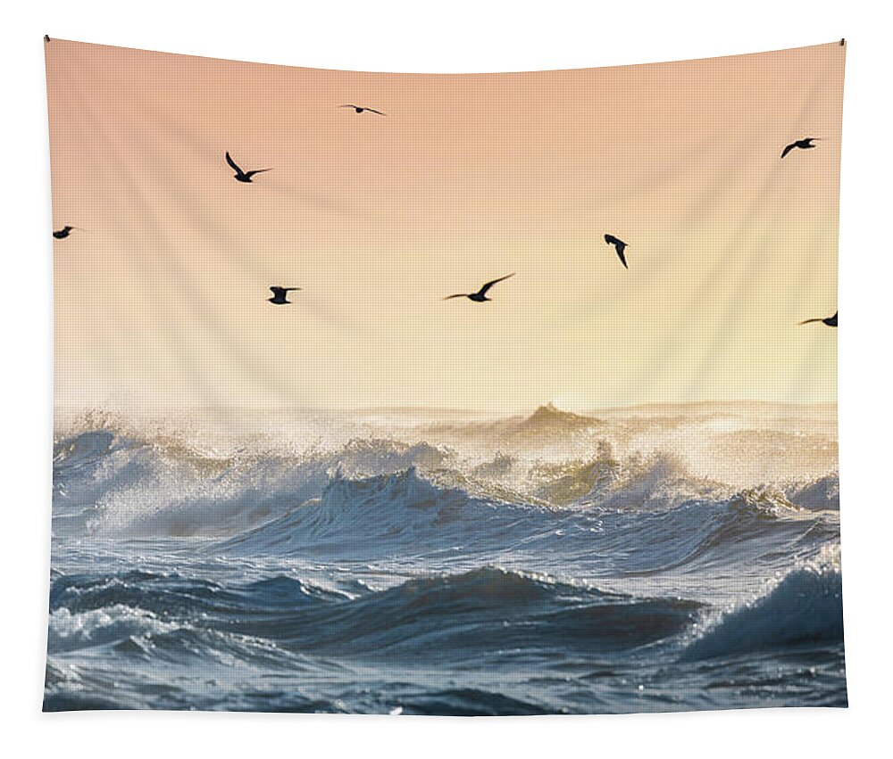 Beach Tapestry featuring the photograph Gulls Flying Over Waves Gulf Islands National Seashore Florida by Jordan Hill