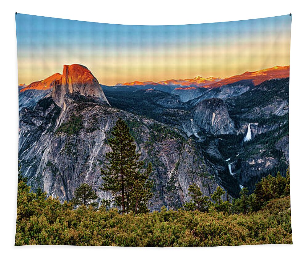 California Tapestry featuring the photograph Half Dome Sunset at Yosemite Panorama by Dan Carmichael