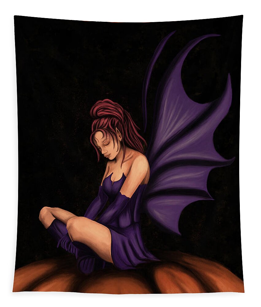 Fantasy Tapestry featuring the painting Halloween fairy with bat wings, purple fairy by Nadia CHEVREL