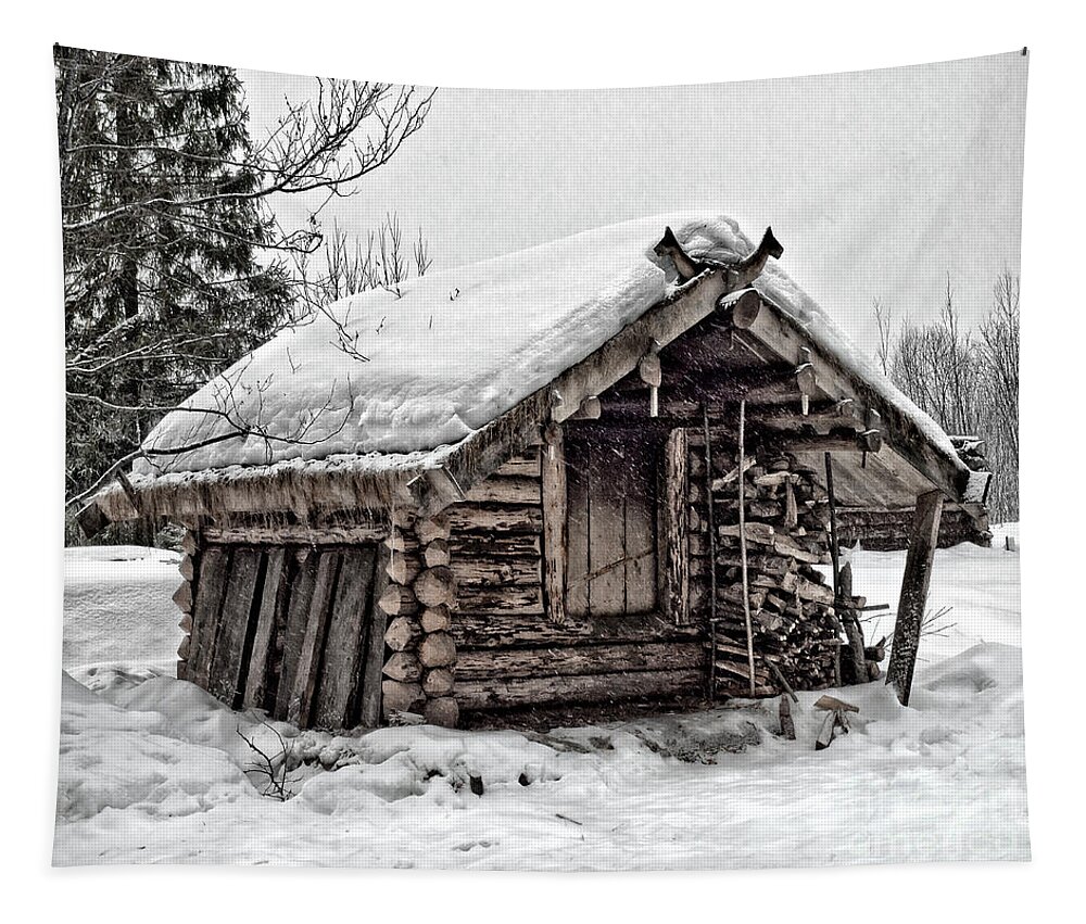 Hammered Hut House Heaven Winter Heavy Snowing Outside Snowdrifts Locked Wood Wooden Log Christmas Atmospheric Traditional Russian Scandinavian Cods Freezing Frozen Covered Landscape Serenity Standing Away Deep Snow Mystery Bizarre Character Texture Textural Snowfall Uzbushka Conceptual Wonderland Tail Fairy Closed Cold Elements Door Painterly Pastel Alone Single Solo Solitary Evocative Haven Nowhere Isolated Amusing Odd Peculiar Quirky Eccentric Weird Magical Abandoned Derelict Battered Nice Tapestry featuring the photograph Locked Until Summer - Hut, Heavy Snowing, Izbushka by Tatiana Bogracheva