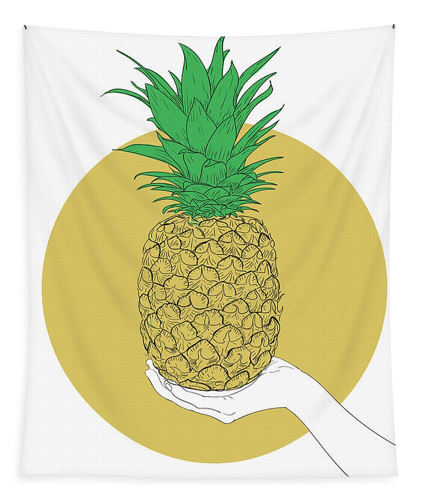 Graphic Tapestry featuring the digital art Hand Holding Pineapple - Line Art Graphic Illustration Artwork by Sambel Pedes