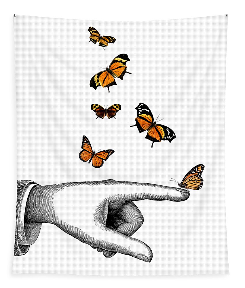 Hand Tapestry featuring the digital art Hand With Orange Monarch Butterfly by Madame Memento