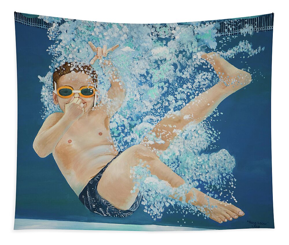 Swimming Pool Tapestry featuring the painting Hang Loose Boy Underwater Swimming Painting by Linda Queally by Linda Queally