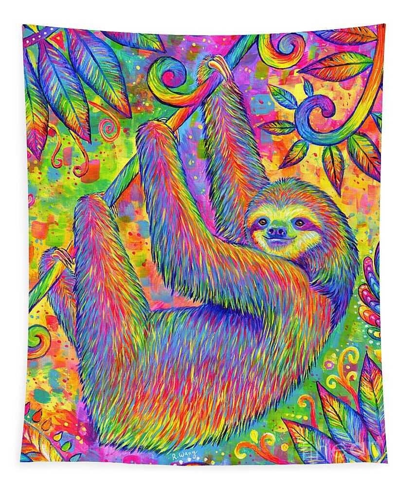 Sloth Tapestry featuring the painting Hanging Around - Psychedelic Sloth by Rebecca Wang