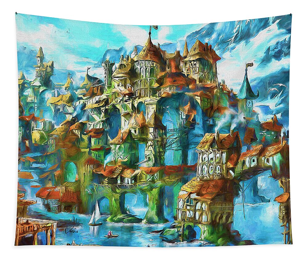 Painting Tapestry featuring the painting Hanging city by Nenad Vasic