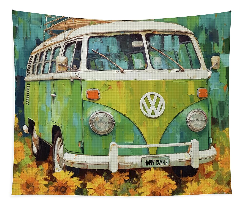 Volkswagen Tapestry featuring the painting Happy Camper Volkswagen by Tina LeCour