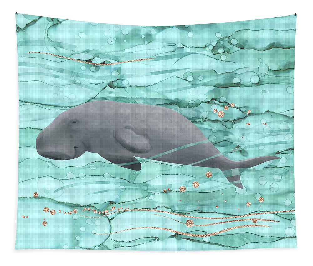 Happy Manatee Tapestry featuring the digital art Happy Dugong Swimming in Coral Reef Waters by Andreea Dumez