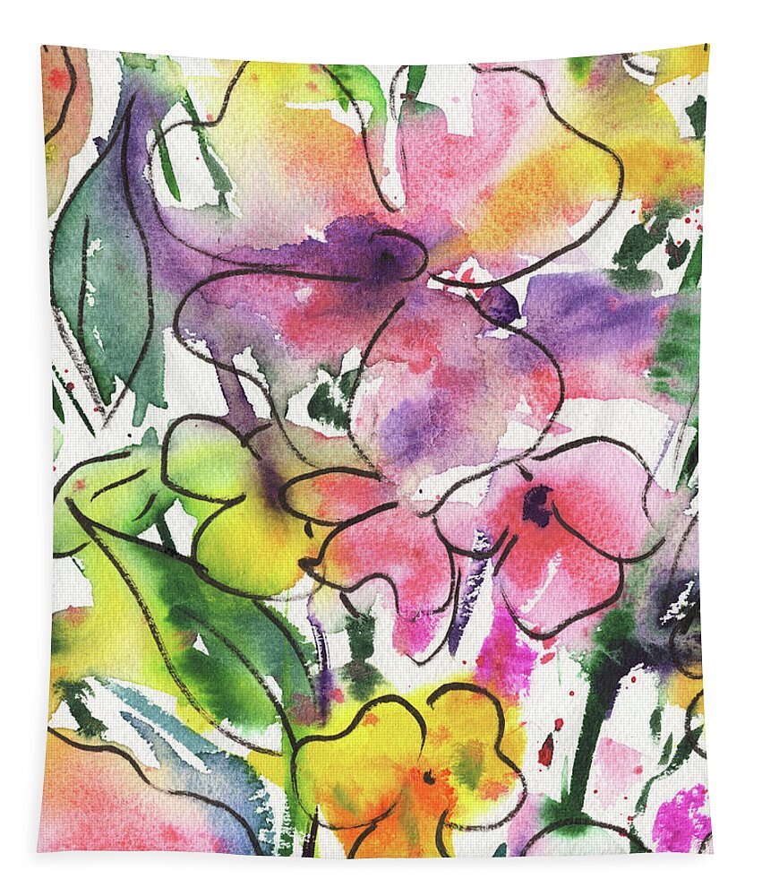 Abstract Flowers Tapestry featuring the painting Happy Garden Flowers In Pink And Yellow Watercolor II by Irina Sztukowski