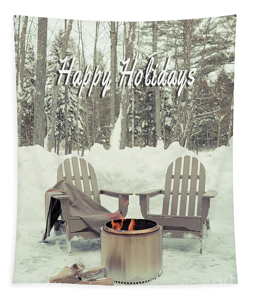 North Tapestry featuring the photograph Happy Holidays Chairs by a cozy firepit by Edward Fielding