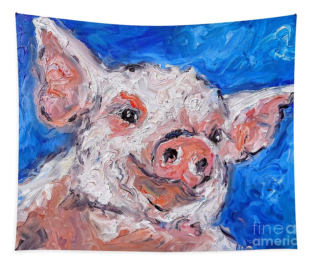 Watercolor.paintings Tapestry featuring the painting Happy piglet painting by Mary Cahalan Lee - aka PIXI