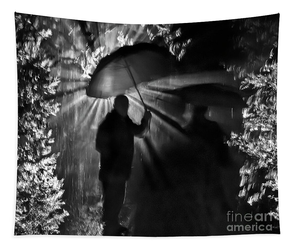 Raining Happy Rain Light Rays Umbrella Man Wet Trees Shade Reflections Impressions Black White B&w Charming Contemporary Stylish Life-style Walk Impressive Fantastic Stunning Artistic Night Evening Delightful Creative Captivating Odd Conceptual Quirky Eccentric Attractive Romantic Dark Darkness Effective Silhouette Imaginative Magical Impressionism Atmospheric Serene Solitary Alone Solo Airy Sole Single Pleasing Delicate Gentle Poetic Mindfulness Elements Pouring Shower Rainfall Looking Back  Tapestry featuring the photograph Joy Of Rain by Tatiana Bogracheva