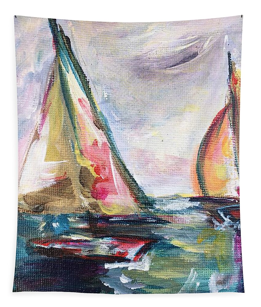 Abstract Boats Tapestry featuring the painting Happy Sails by Roxy Rich