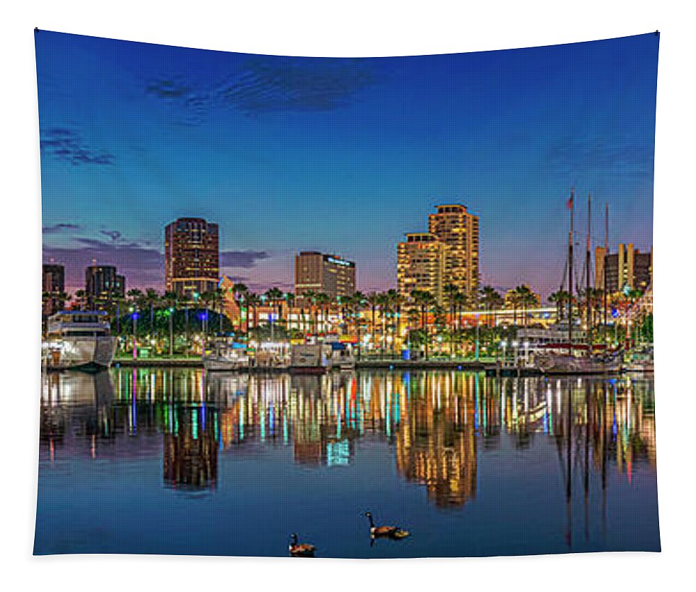 Long Beach Tapestry featuring the photograph Harbor Magic Hour Cityscape Vista by David Zanzinger