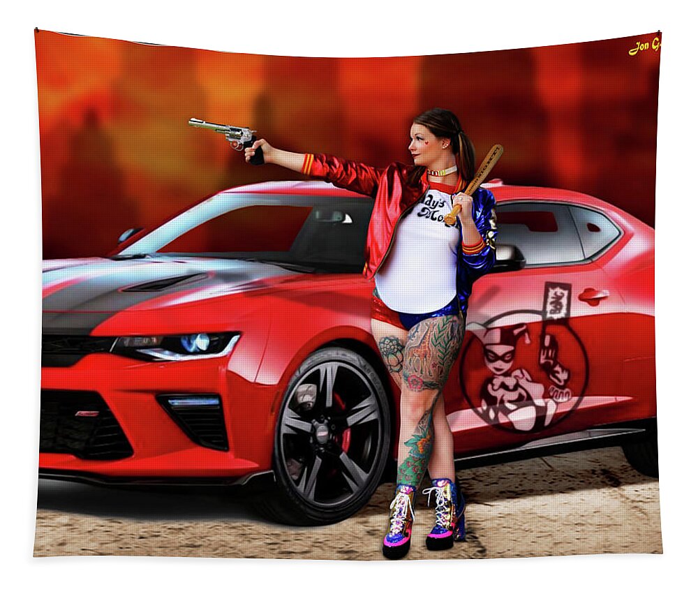 Harley Tapestry featuring the photograph Harley Quinn Pistols and Car by Jon Volden