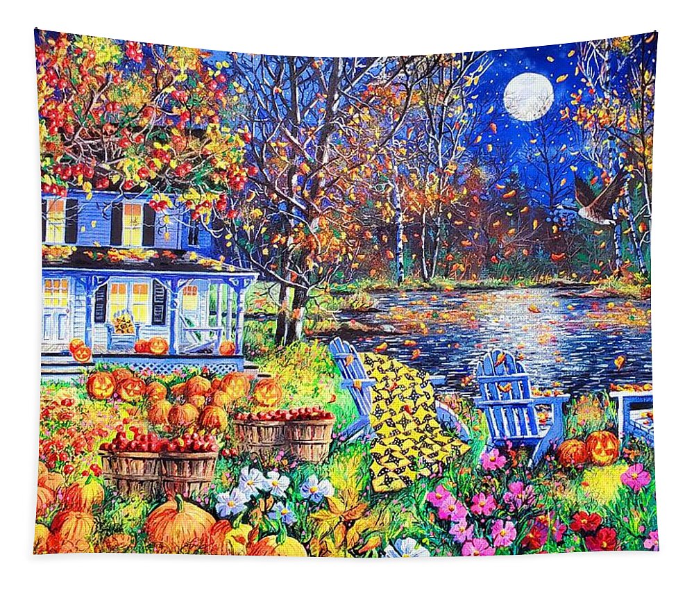 Harvest Moon Featuring A Full Moon On A Halloween Evening Tapestry featuring the painting Harvest Moon by Diane Phalen
