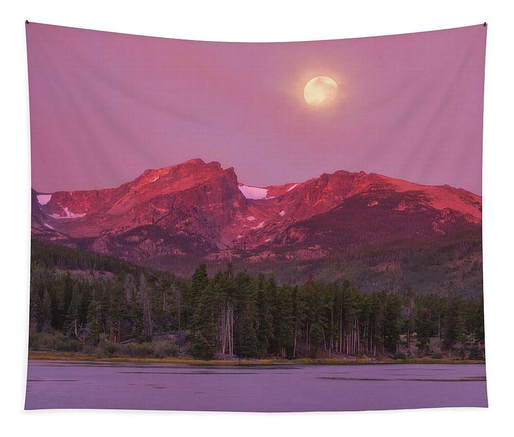 Moon Tapestry featuring the photograph Harvest Moon Over Hallett Peak by Darren White