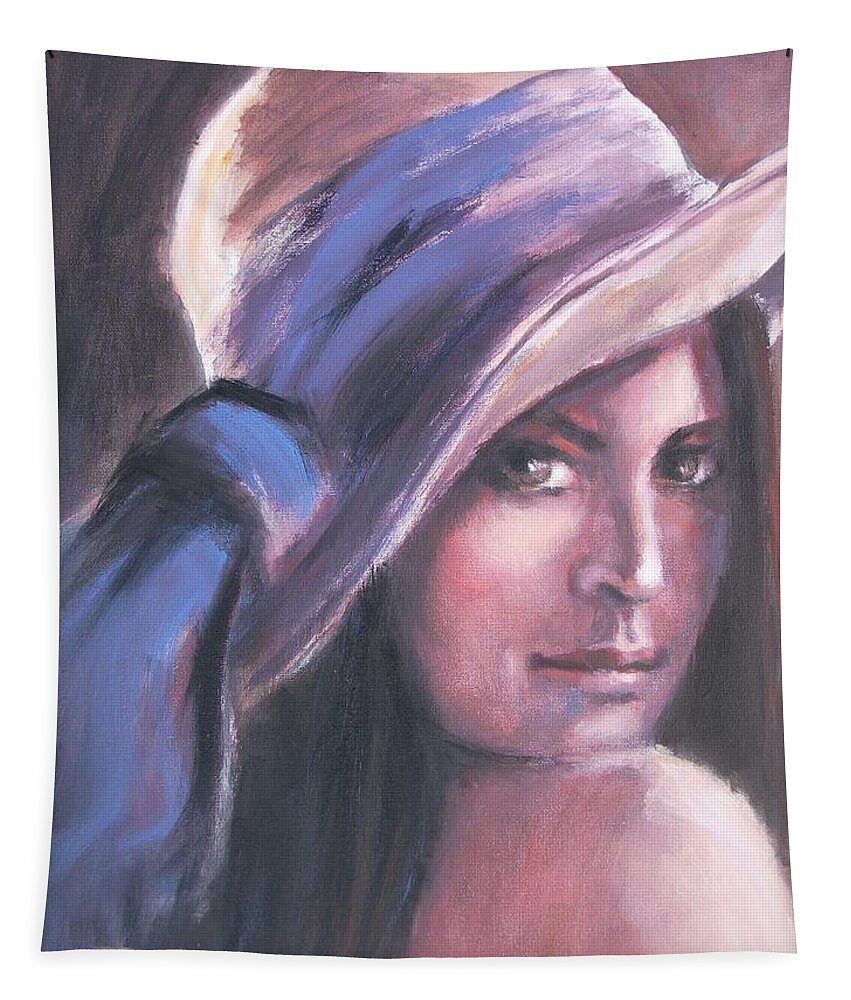 Portrait Tapestry featuring the painting Hat - Portrait Of A Woman by Carmen Tyrrell