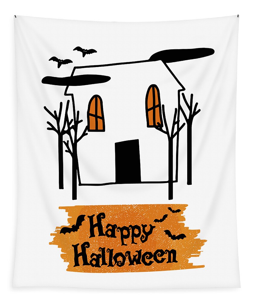 Witch Tapestry featuring the digital art Haunted House Halloween Cute Doodle, Halloween Trick Treat Spooky Creepy Pumpkin Concept, Scary Tree by Mounir Khalfouf