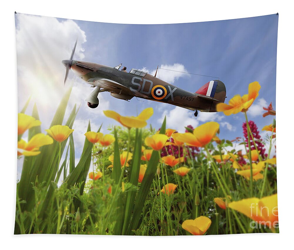 Hurricane; Raf; Sd-x; Hawker; Aeroplane; Poppies; Plane; Military; Aircraft; Airplane; Airshow; Battle Of Britain; British; Ww2; Canopy; Closeup; Clouds; Combat; Poppy; England; Fighter; Flowers; Flying; Historic; Iconic; Landscape; Mk1; Pilot; Retro; Remembrance; Mark1 Tapestry featuring the photograph Hawker Hurricane flying over poppies in spring by Simon Bratt