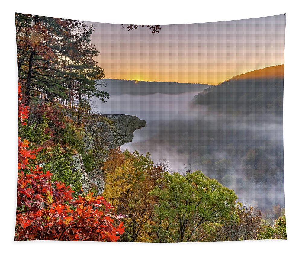 Whitaker Point Tapestry featuring the photograph Hawksbill Crag Sunrise and Ozark National Forest Landscape in Autumn 1x1 by Gregory Ballos