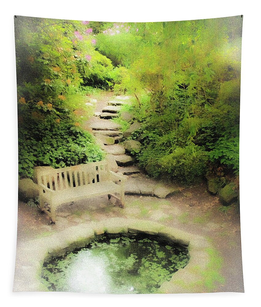 Pond Water Bench Stone Steps Fog Tapestry featuring the photograph Hazy Pond by John Linnemeyer