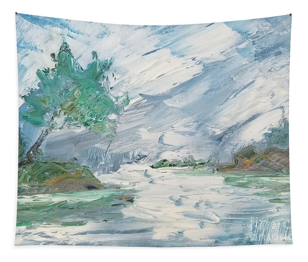 Impressionist Creek Oil Painting Tapestry featuring the painting Hazy Winter Creek in Oil by Expressions By Stephanie
