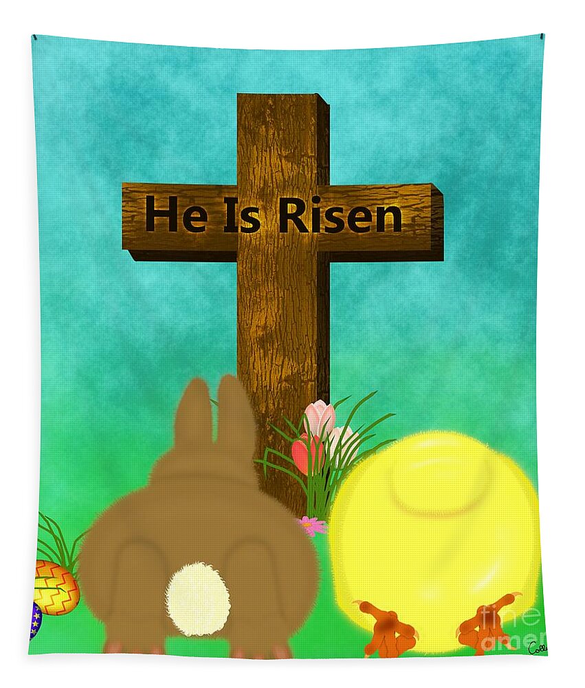 He Is Risen Tapestry featuring the digital art He Is Risen The Easter Bunny and Chick Bow to Cross by Colleen Cornelius