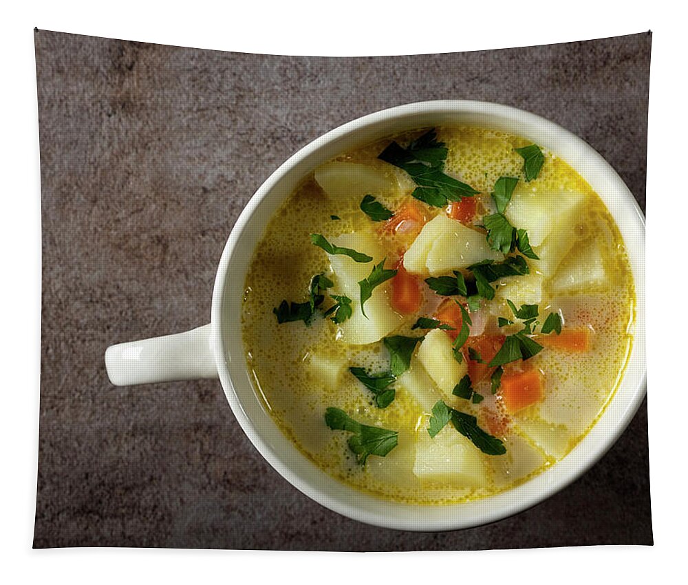 Soup Tapestry featuring the photograph Healthy soup in white bowl with carrot, potatoes and parsley by Sebastian Radu