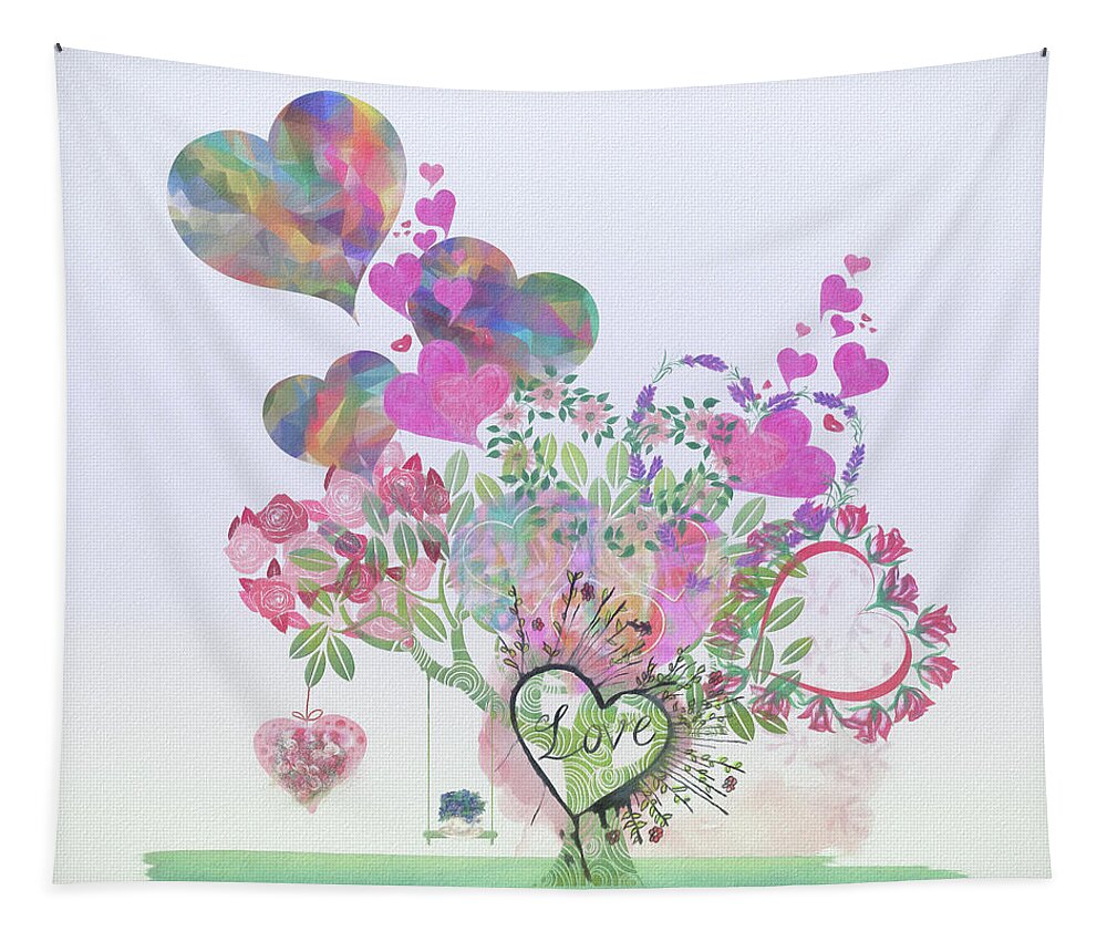 Heart Tapestry featuring the digital art Heart Love Tree in Watercolors by Debra and Dave Vanderlaan